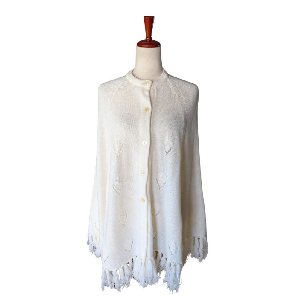 Vintage English Village Cream Knit‎ Button Front Fringe Poncho One Size Floral